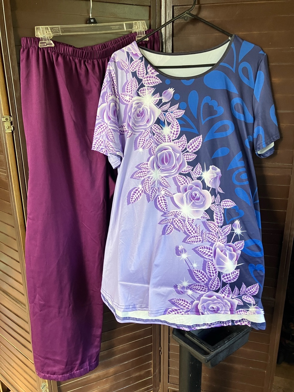 Women's Purple Floral Sleep Set - Short Sleeve Top & Pants
